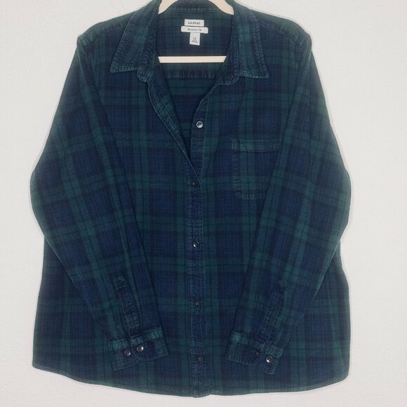 L.L. Bean Flannel Shirt Woman's 2X Plus Scotch Plaid Black Watch Blue/Green Used - Picture 1 of 12
